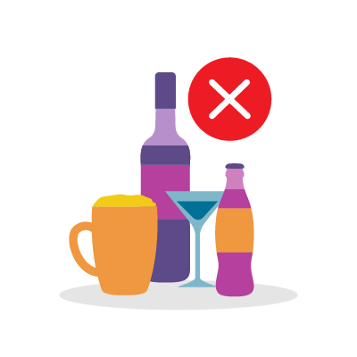 Илюстрация с червен знак за забрана върху алкохолни напитки, символизираща отказ от алкохол за здравословен живот.